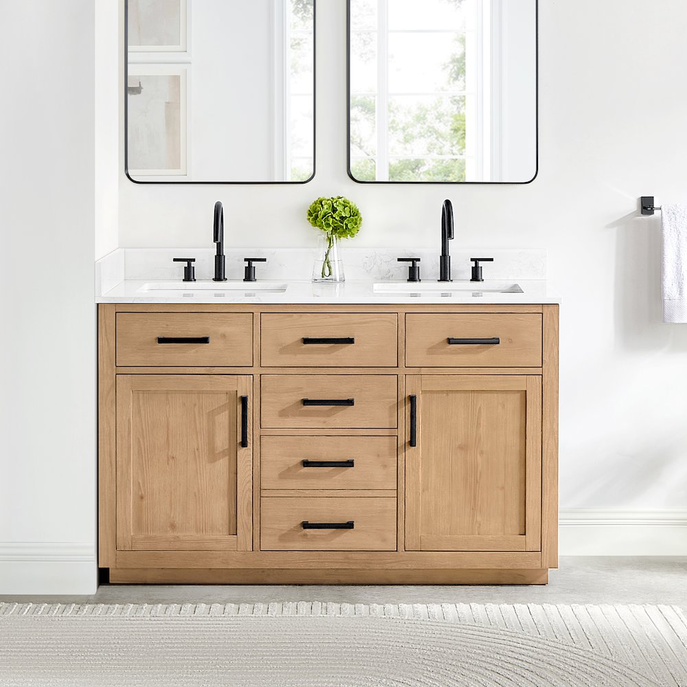 54" Double Bathroom Vanity in Light Brown with Grain White. Picture 2