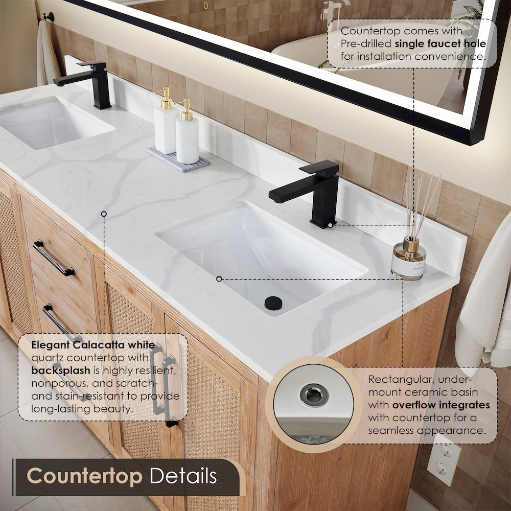 72" Double Bathroom Vanity with Calacatta White Quartz Countertop with Mirror. Picture 6