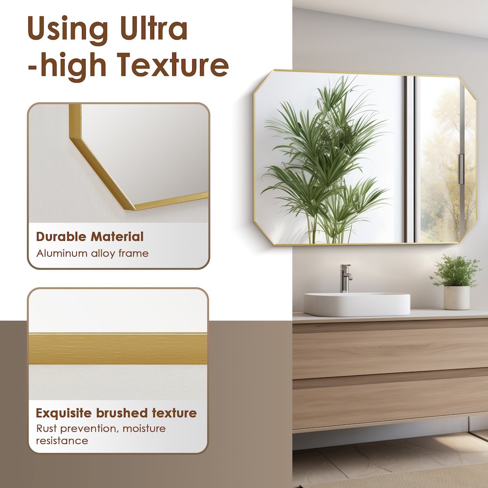 48"x30" Octagon Aluminum Framed in Brushed Gold Modern Bathroom Wall Mirror. Picture 9
