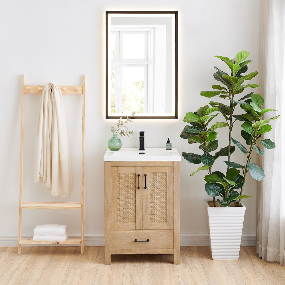 Single Bathroom Vanity in Light Brown White Ceramic Drop-in Sink. Picture 2