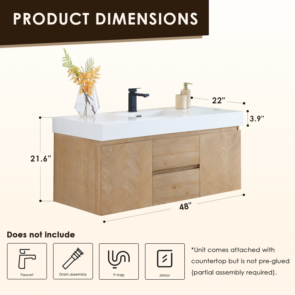 Single Bathroom Vanity in Light Brown White Artificial Drop-in Sink. Picture 11