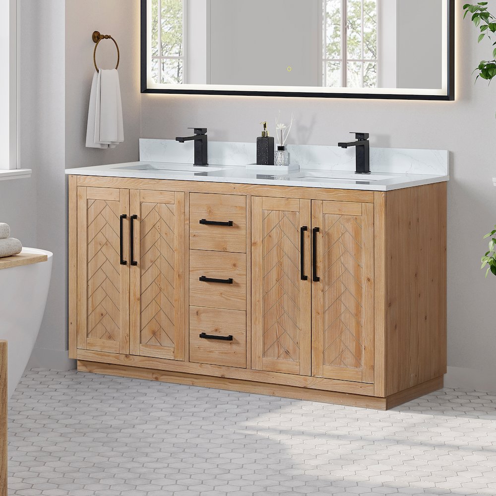 60" Double Bathroom Vanity with Grain White Countertop without Mirror. Picture 3