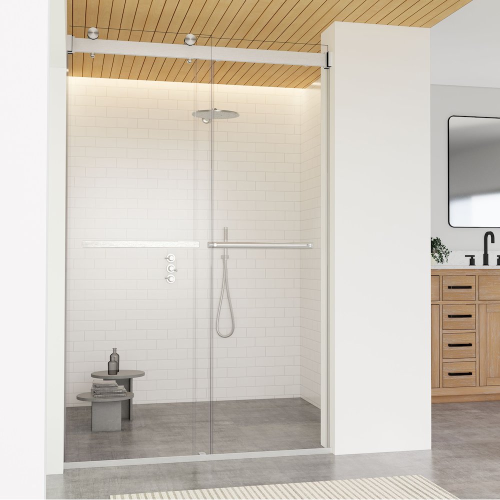 By Pass Frameless Shower Door in Brushed Nickel with Clear Glass. Picture 4