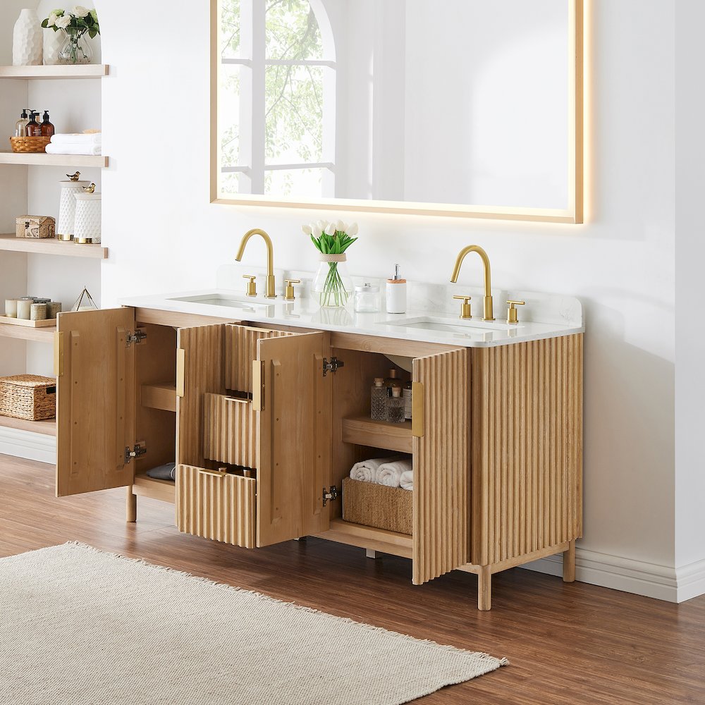 Double Bathroom Vanity in Washing Light Brown Grain White Engineered Stone. Picture 4