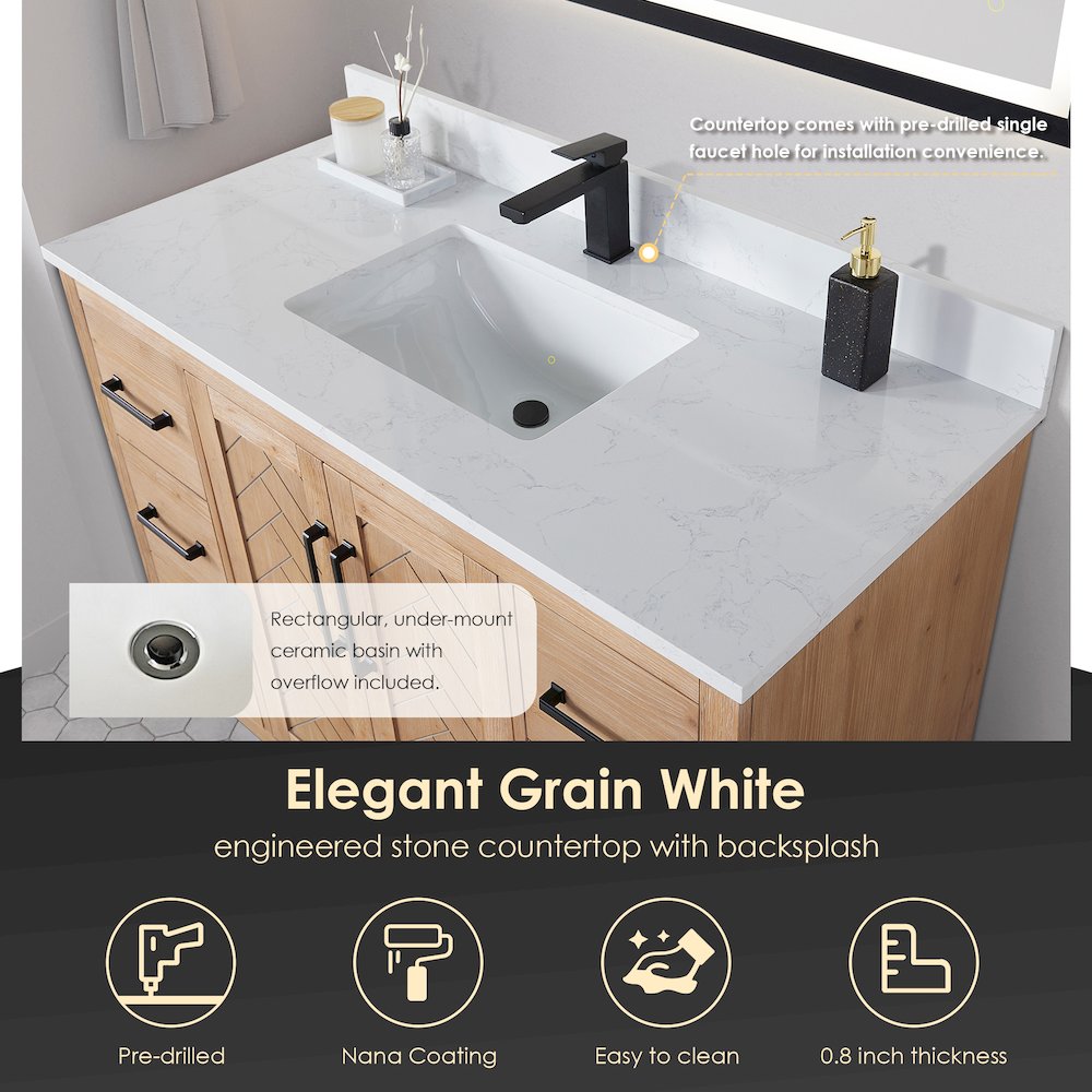 48" Single Bathroom Vanity with Grain White Countertop without Mirror. Picture 6