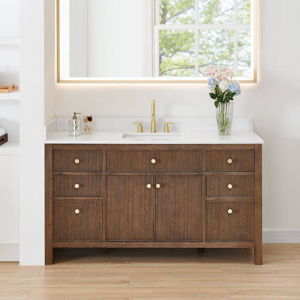 Single Bathroom Vanity in Brown Oak Grain White Engineered Stone Countertop. Picture 2