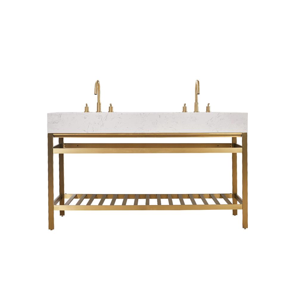 60" Double Stainless Steel Vanity Console in Brushed Gold without Mirror. Picture 1