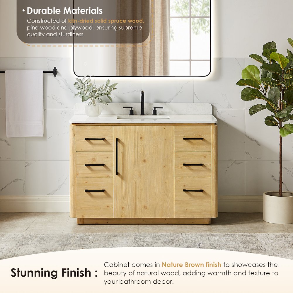 48" Single Bathroom Vanity in Nature Brown with Grain White. Picture 5