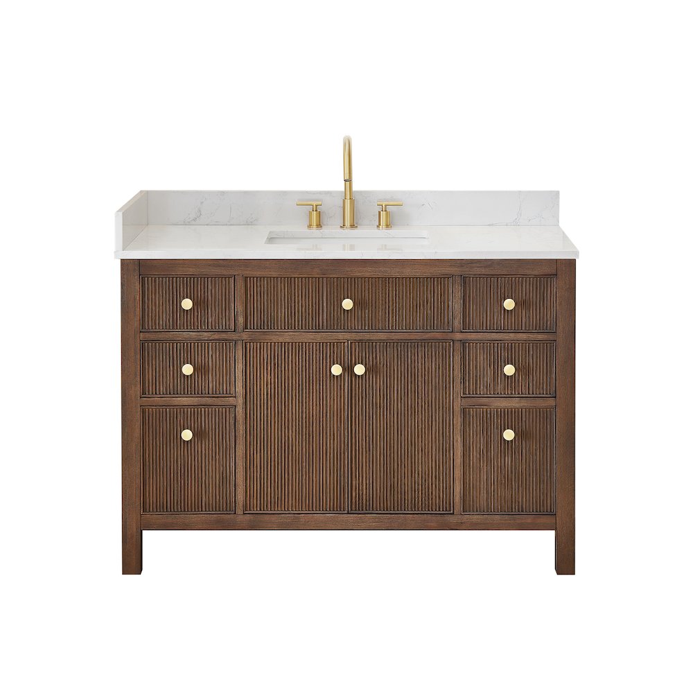 Single Bathroom Vanity in Brown Oak Grain White Engineered Stone Countertop. Picture 1
