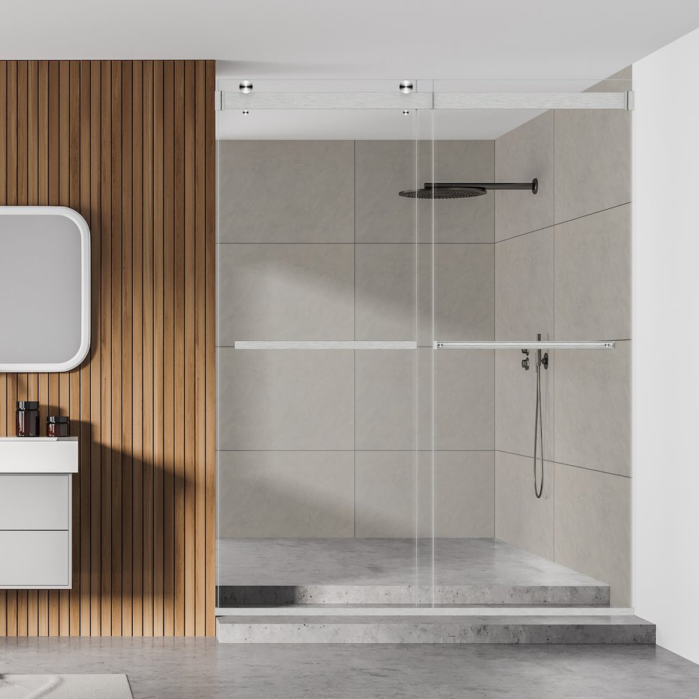 Pass Frameless Shower Door in Brushed Nickel with Clear Glass. Picture 7