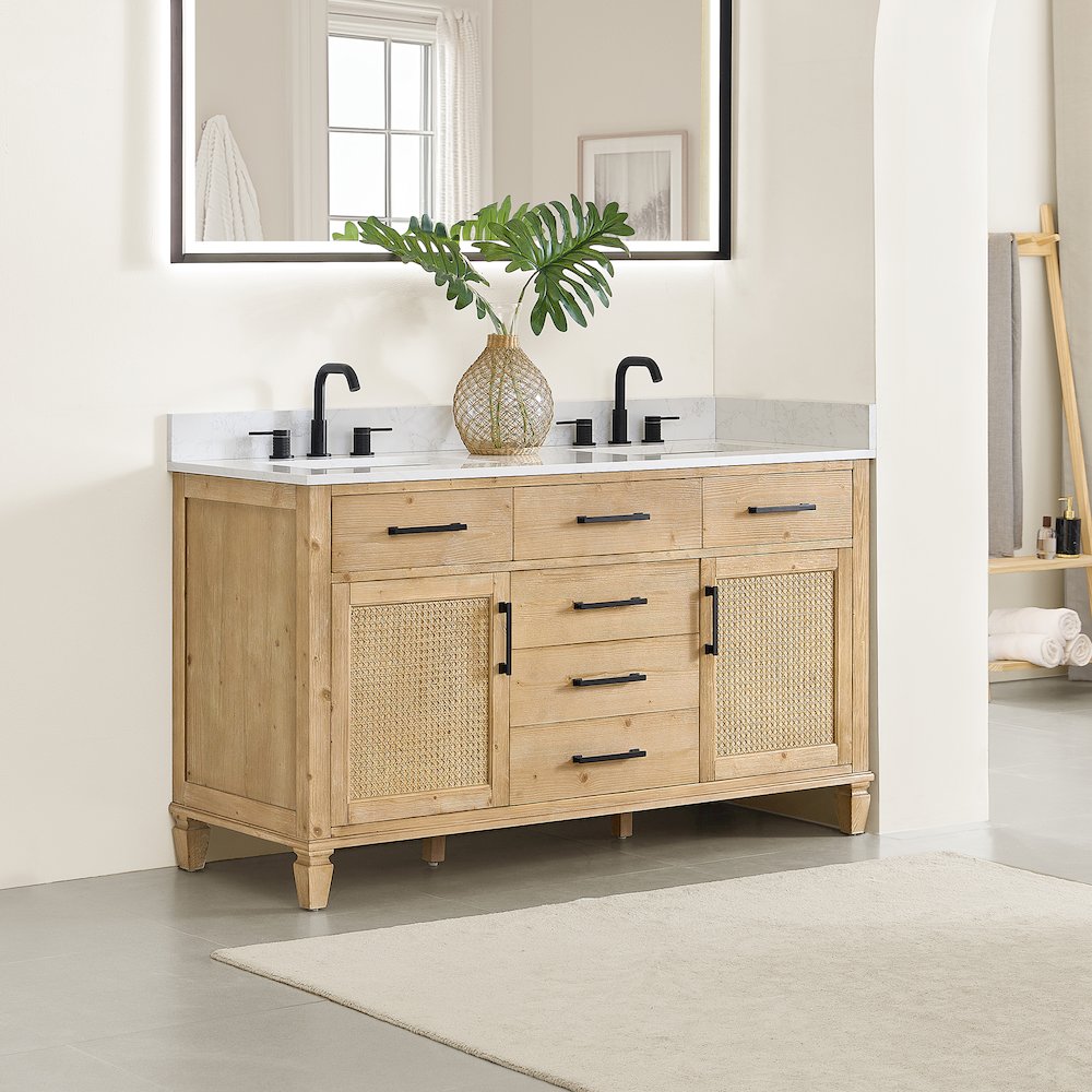 60" Double Bathroom Vanity in with Grain White Engineered Stone Countertop. Picture 4