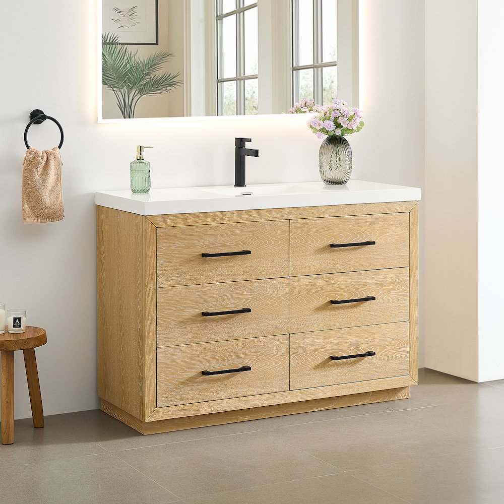 48" Single Bathroom Vanity in White Oak with White Artificial Drop-in Sink. Picture 3