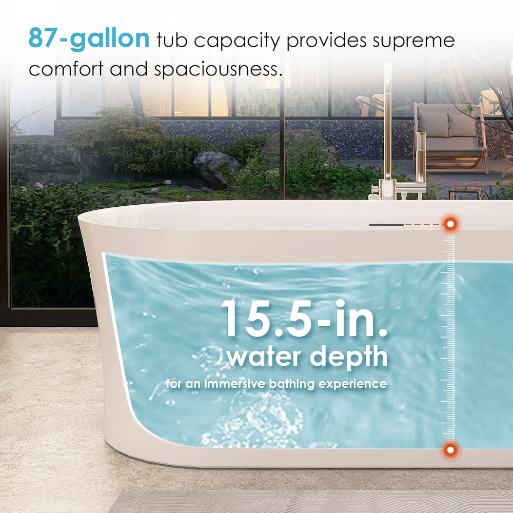 67" x 32" Flatbottom Freestanding Acrylic Soaking Bathtub in Glossy White. Picture 10