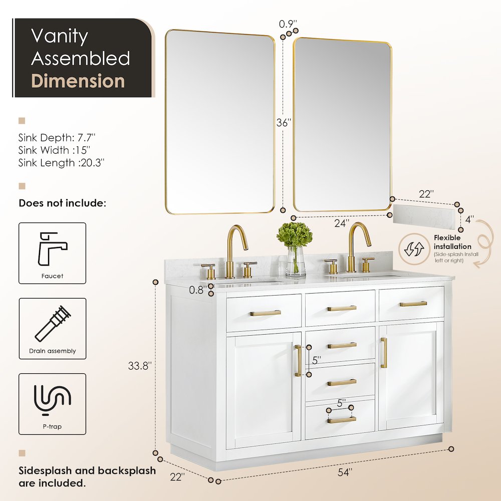 54" Double Bathroom Vanity in White with Grain White. Picture 11