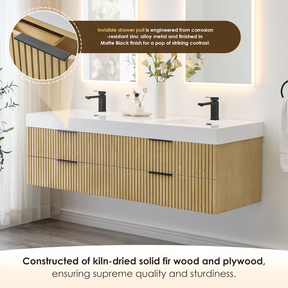 Double Bathroom Vanity in Nature Brown White Artificial Drop-in Sink. Picture 5