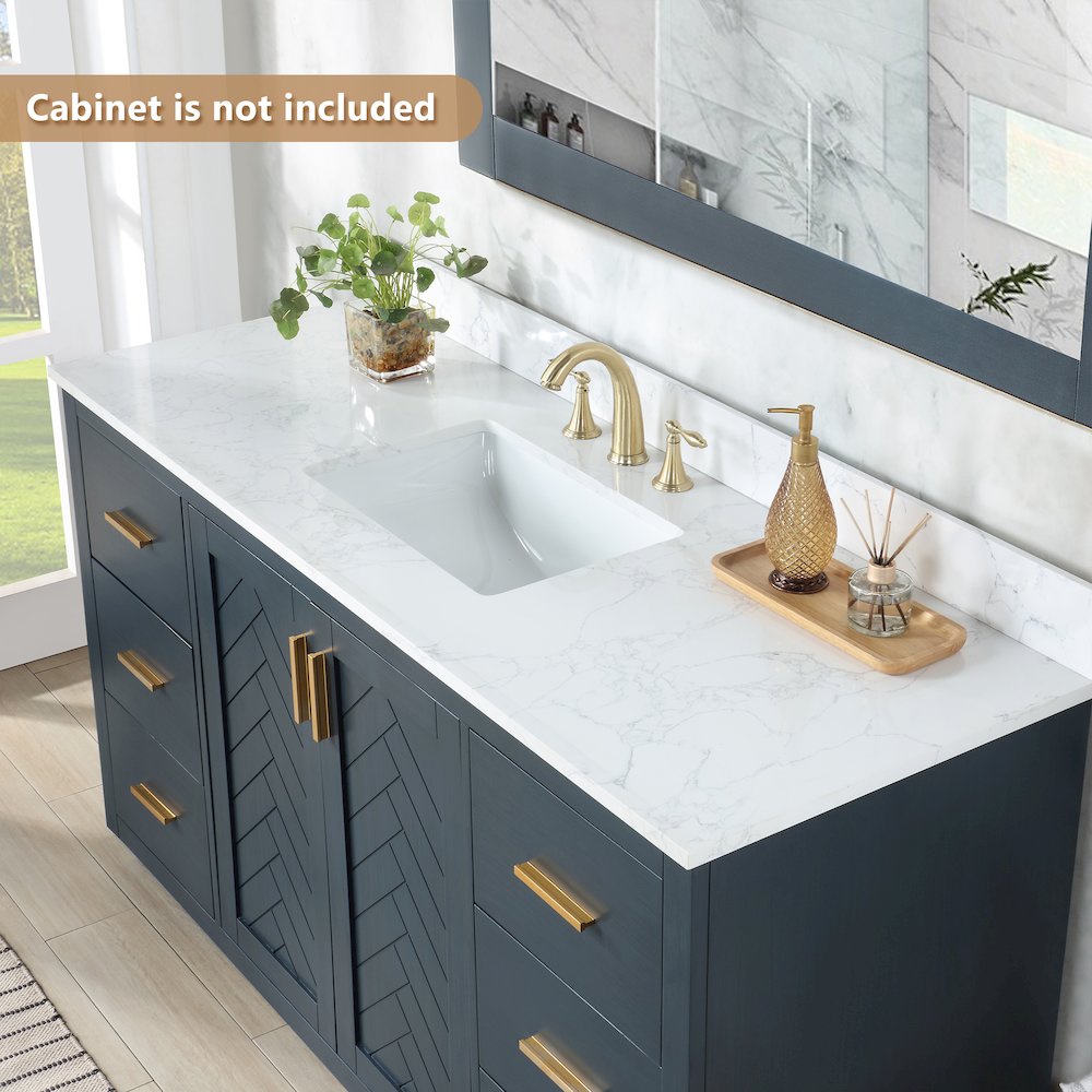 Ceres 61. in Engineered Stone Vanity Top in Grain White with Single White Sink. Picture 5