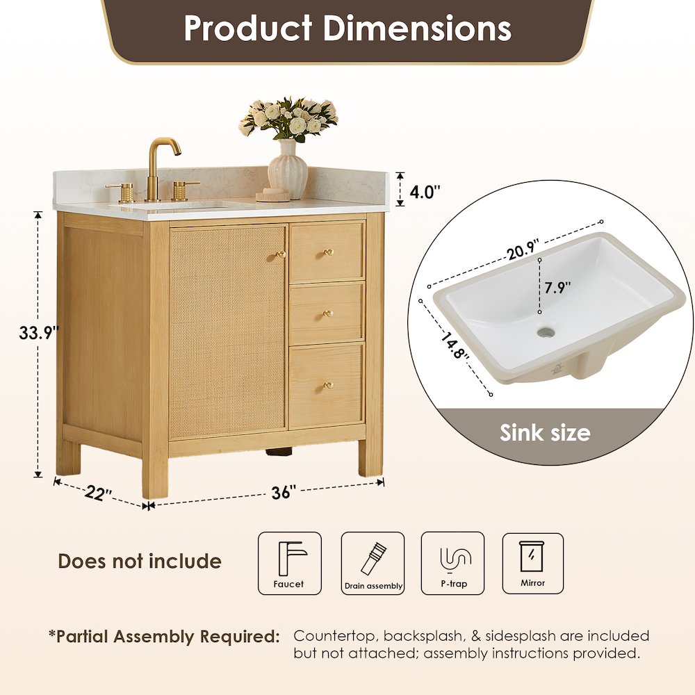 Cedar 36" Single Bathroom Vanity in Natural Wood. Picture 13