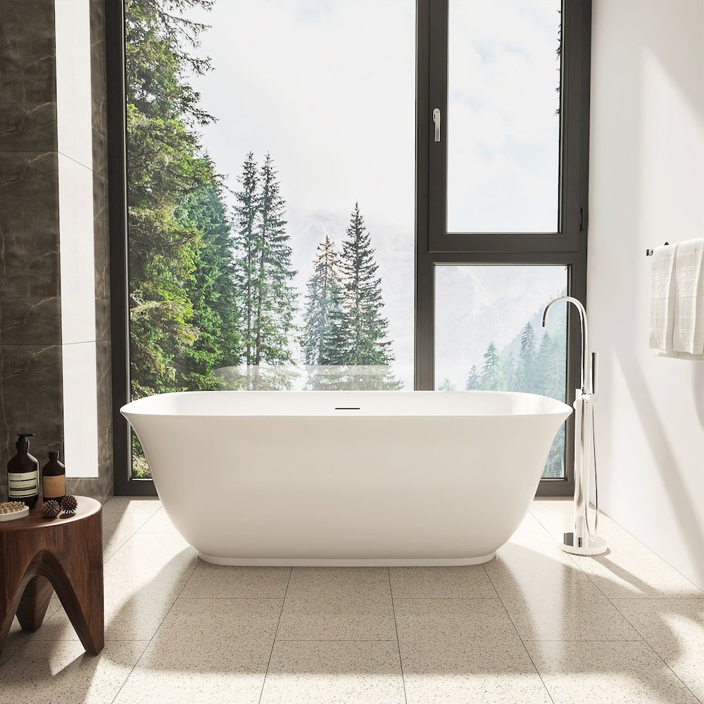 59" x 32" Flatbottom Freestanding Acrylic Soaking Bathtub in Glossy White. Picture 6