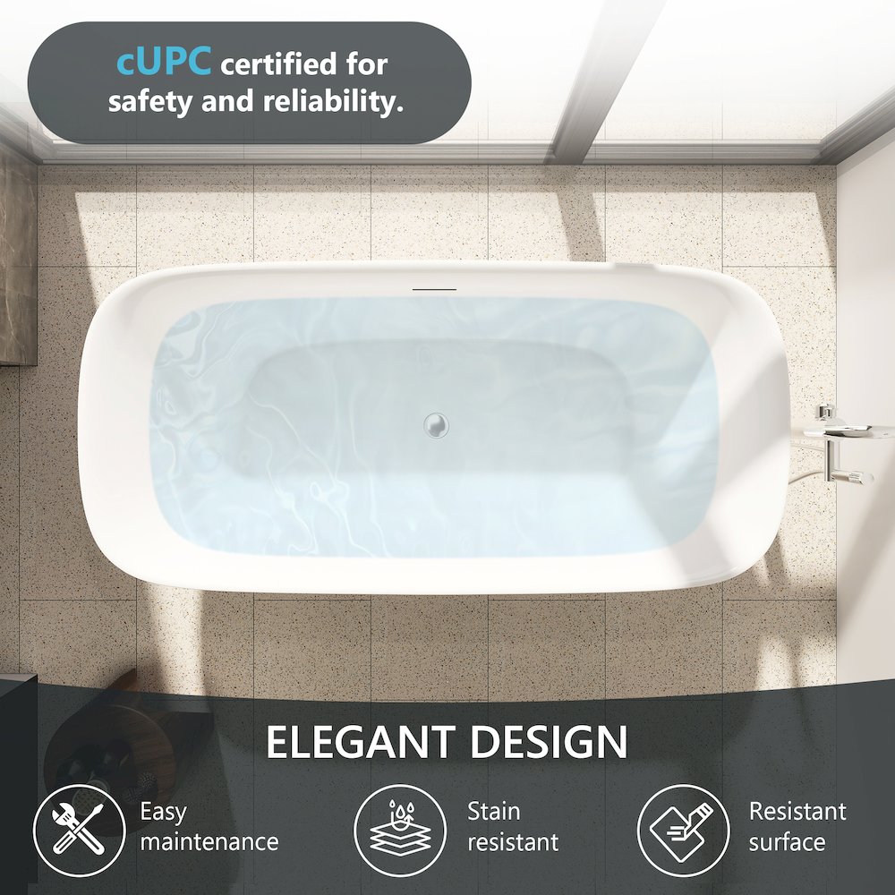 67" x 32" Flatbottom Freestanding Acrylic Soaking Bathtub in Glossy White. Picture 15