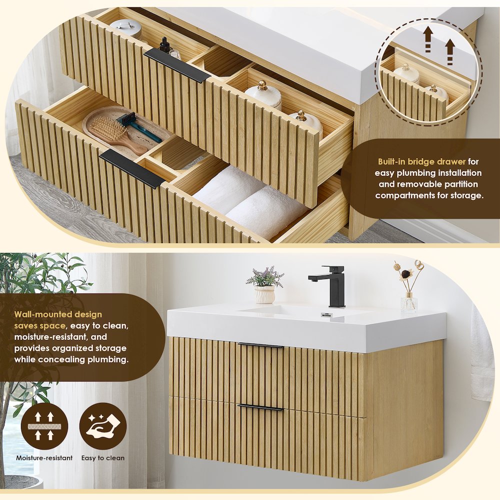 Single Bathroom Vanity in Nature Brown White Artificial Drop-in Sink. Picture 9