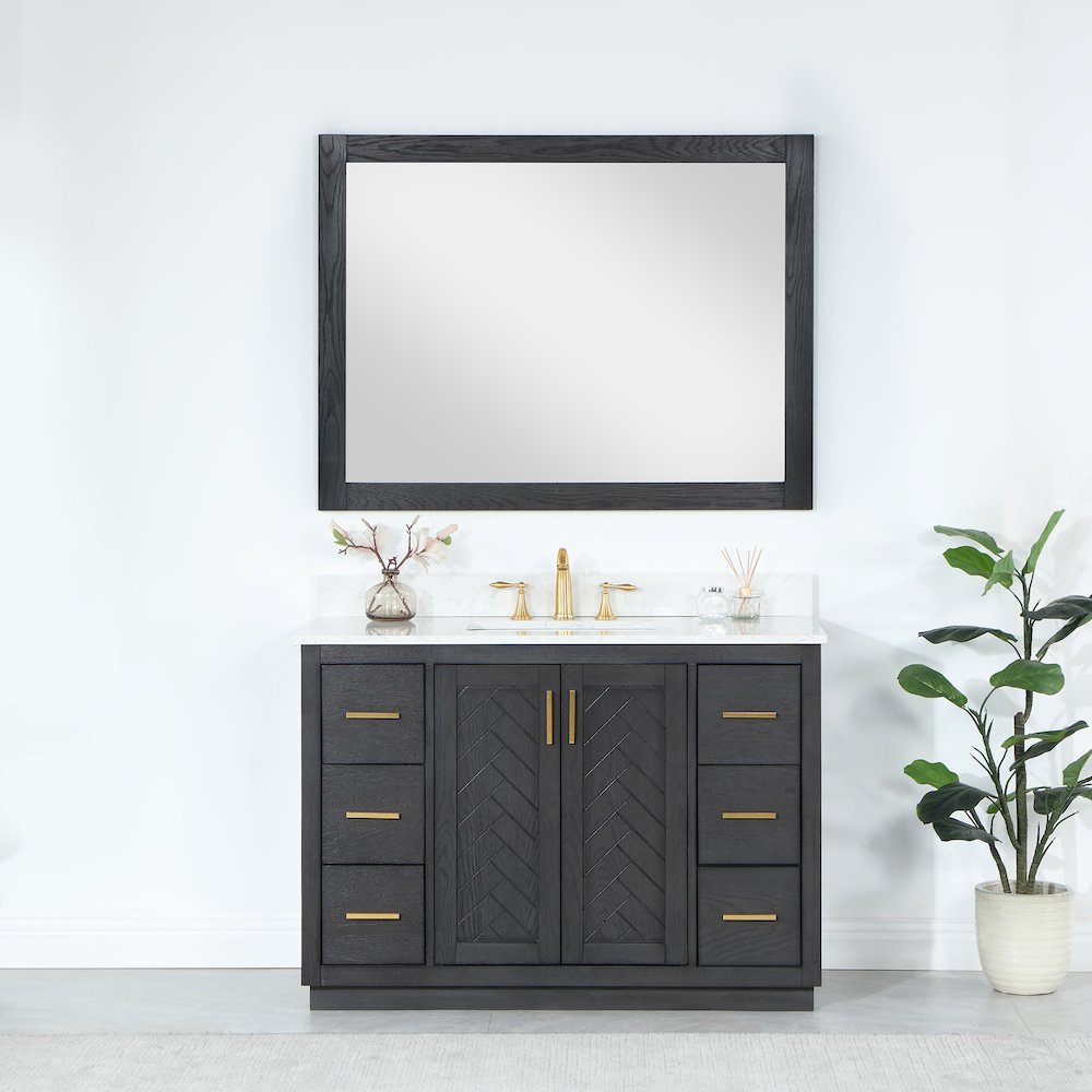 48" Rectangular Bathroom Wood Framed Wall Mirror in Brown Oak. Picture 5
