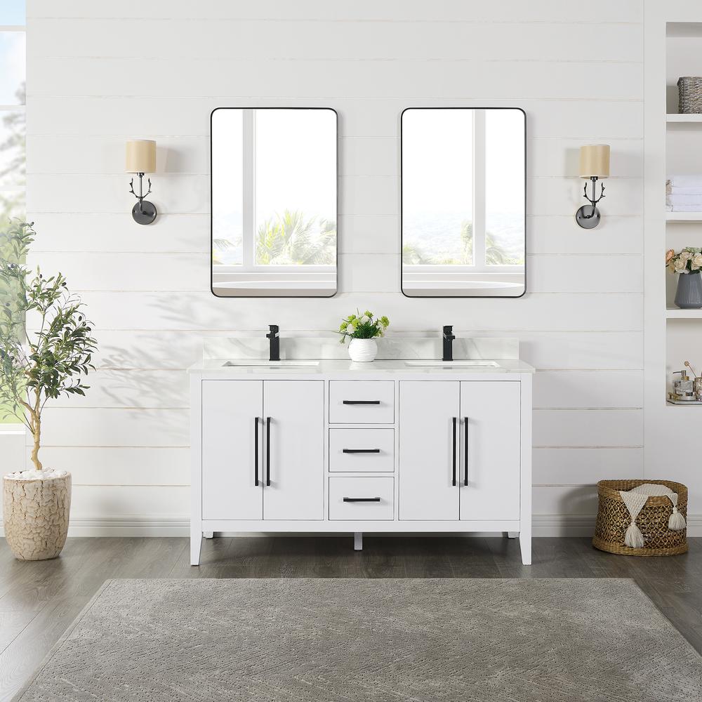 Double Bathroom Vanity in White with White Quartz Stone Countertop with Mirror. Picture 2