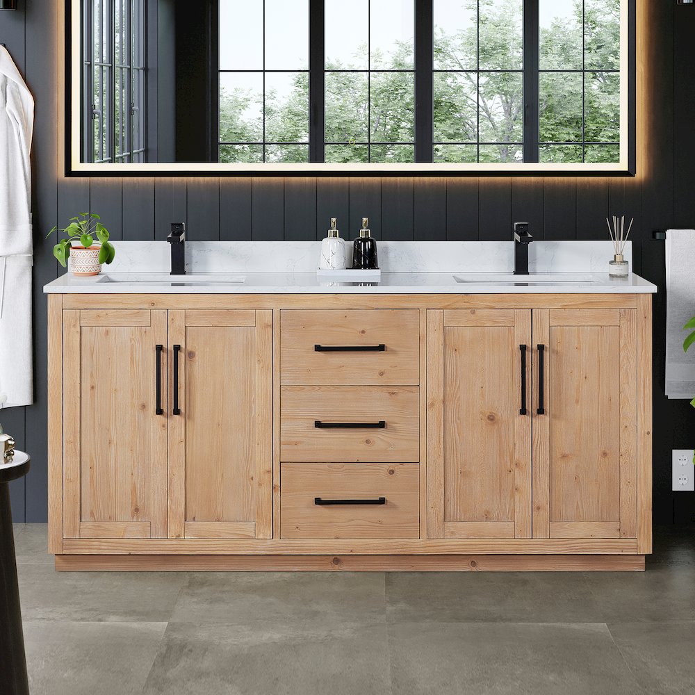 72" Double Bathroom Vanity with Grain White Countertop without Mirror. Picture 2