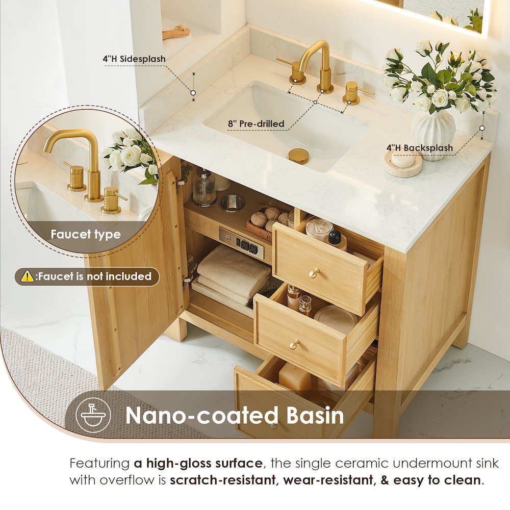 Cedar 36" Single Bathroom Vanity in Natural Wood. Picture 7