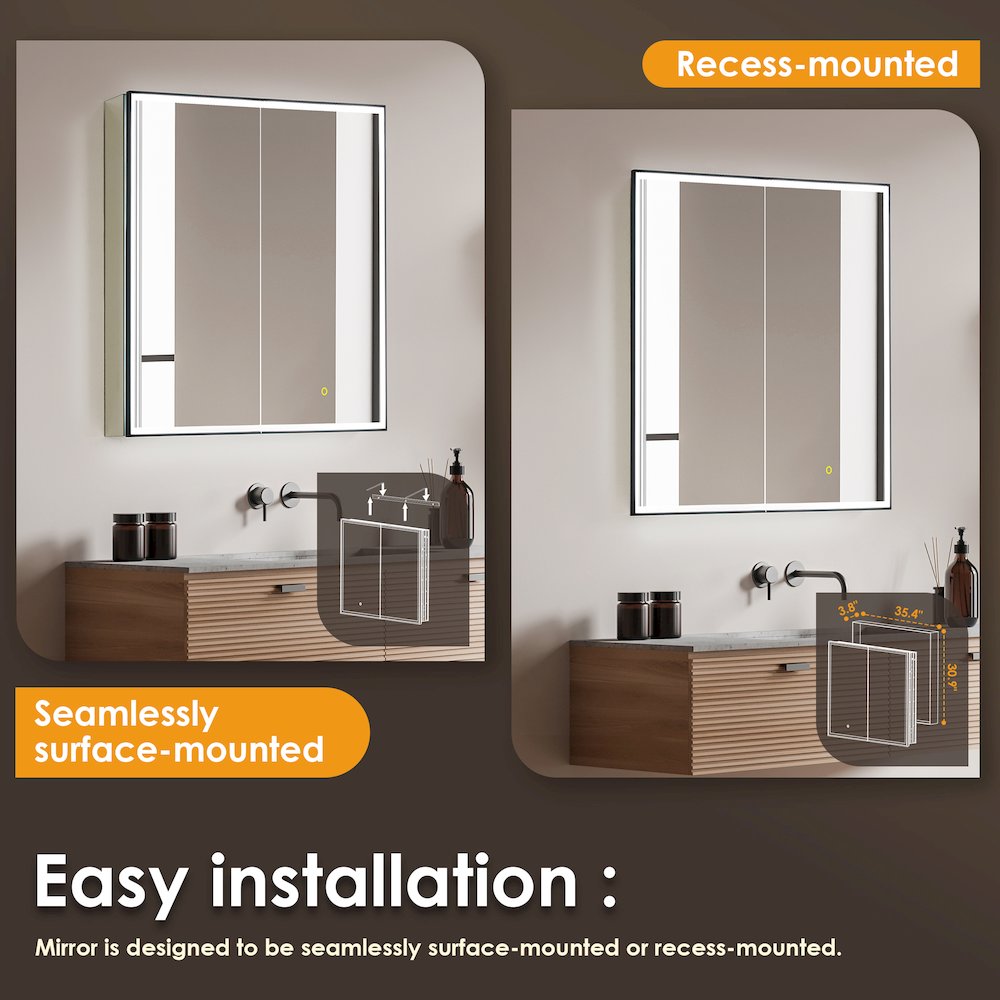 36"x32" Rectangular Bathroom Black Aluminum Mirror Medicine Cabinet. Picture 15