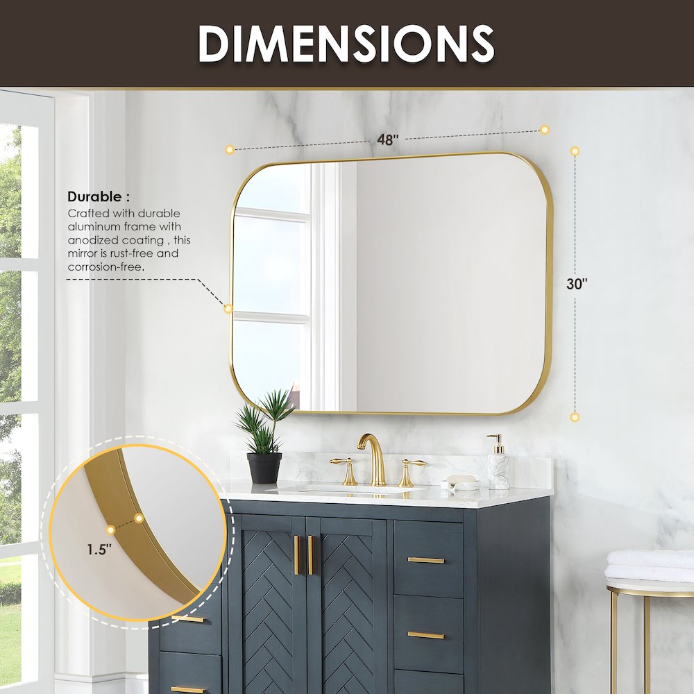 48x30" Rectangular Aluminum Framed in Brushed Gold Modern Bathroom Wall Mirror. Picture 12
