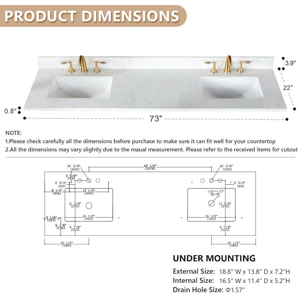 Ceres 73. in Engineered Stone Vanity Top in Grain White with Double White Sink. Picture 8