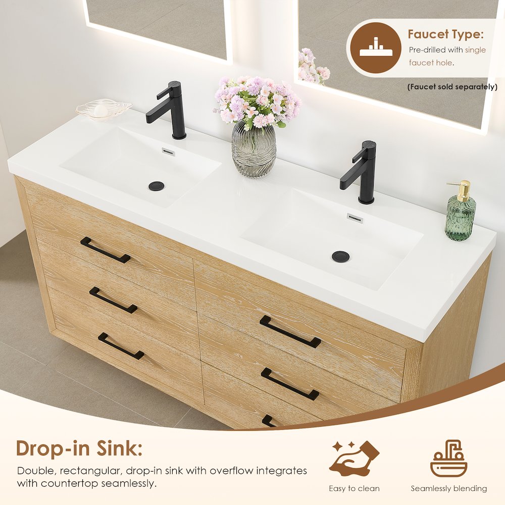 60" Double Bathroom Vanity in White Oak with White Artificial Drop-in Sink. Picture 5