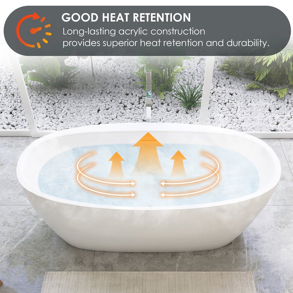 59" x 32" Flatbottom Freestanding Acrylic Soaking Bathtub in Glossy White. Picture 10