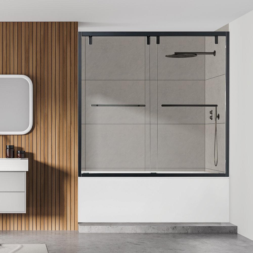 By Pass Semi Frameless Tub Door in Matte Black with Clear Glass. Picture 5