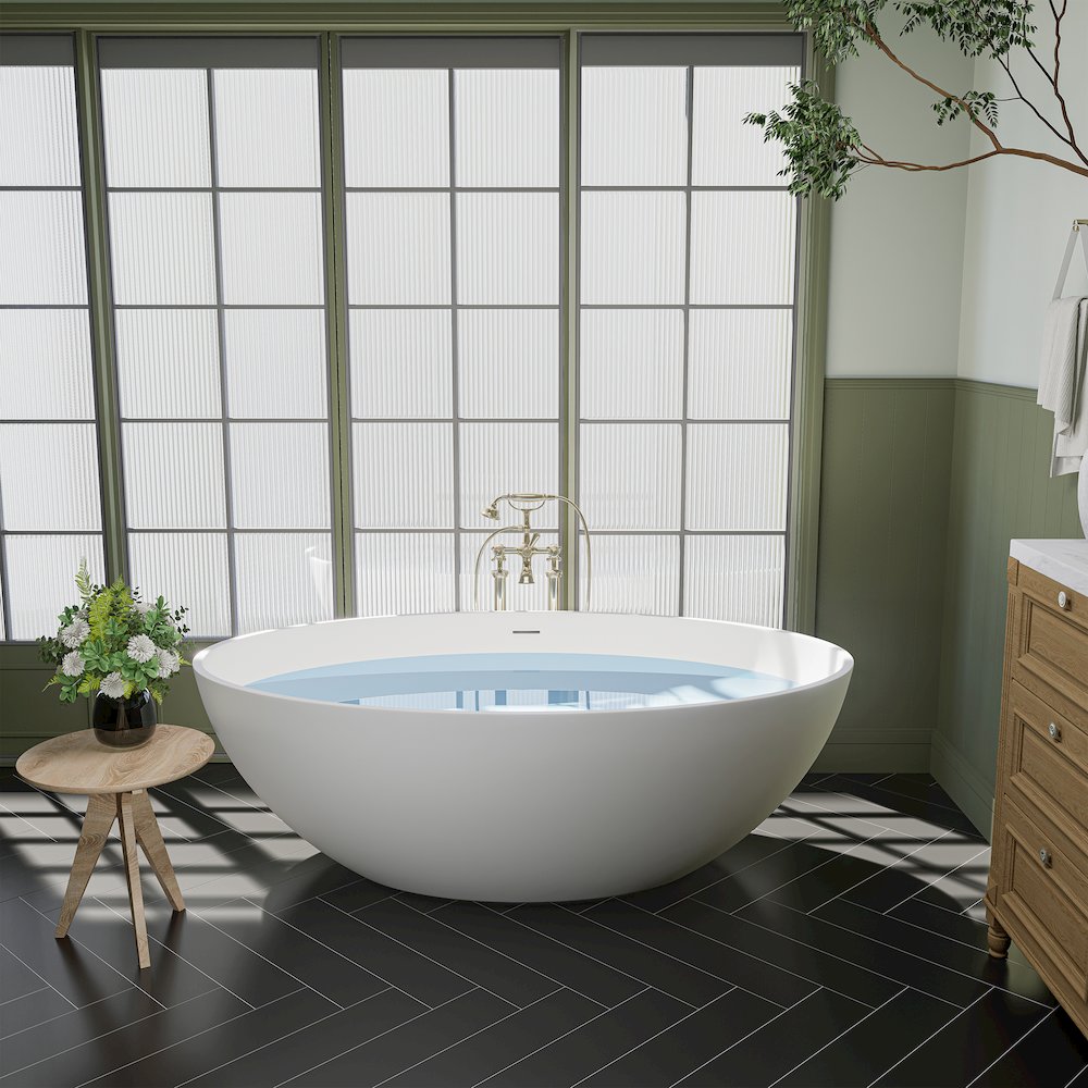 67" x 39" Solid Surface Soaking Bathtub in Matte White and Integrated Overflow. Picture 8