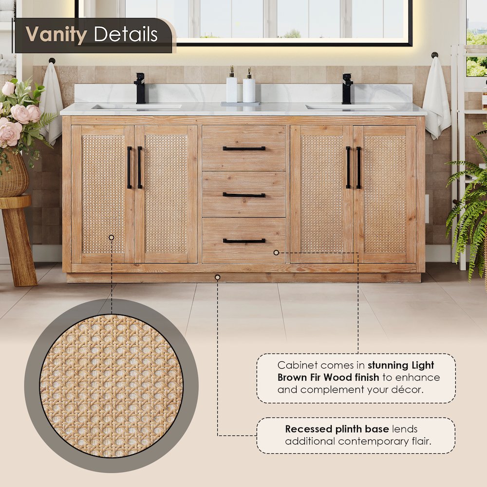 72" Double Bathroom Vanity with Calacatta White Quartz Countertop without Mirror. Picture 7