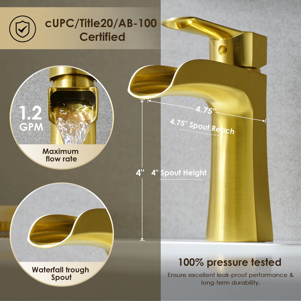 Single Hole Single-Handle Waterfall Bathroom Faucet in Brushed Gold. Picture 10