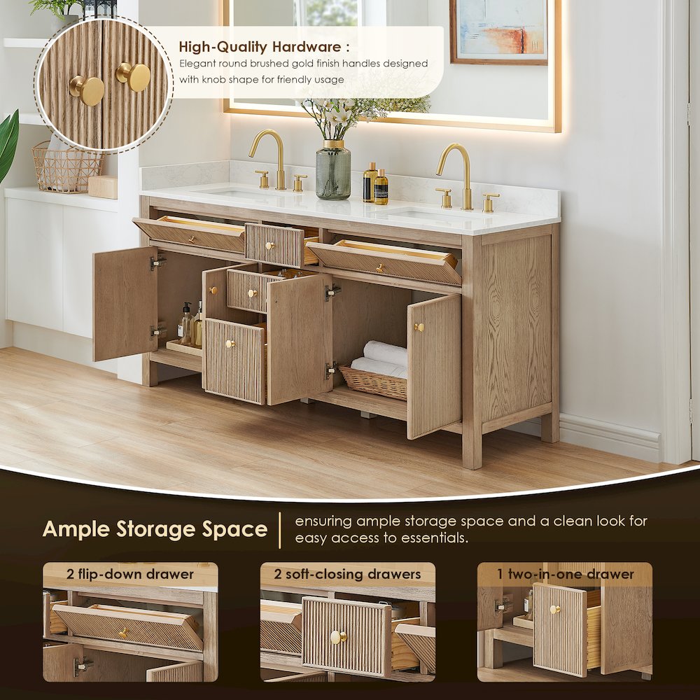 Double Bathroom Vanity in Nature Oak Grain White Engineered Stone Countertop. Picture 9