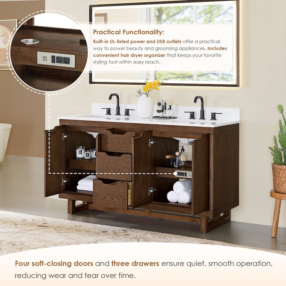 60" Double Bathroom Vanity in Brown Brushed Oak with Grain White. Picture 8