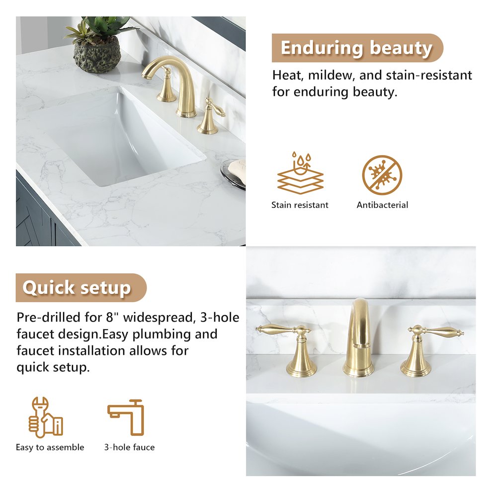 Ceres 43. in Engineered Stone Vanity Top in Grain White with Single White Sink. Picture 8