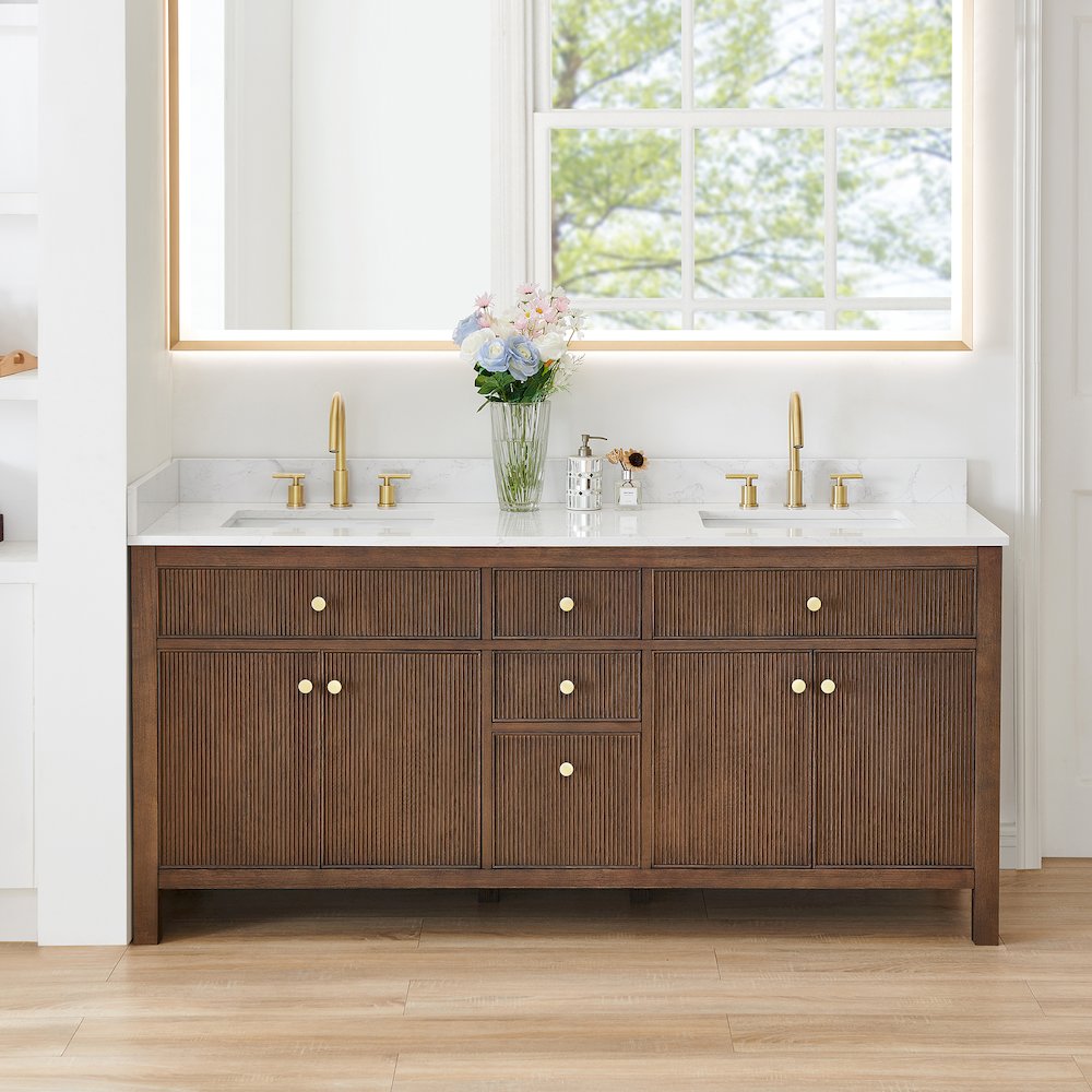 Double Bathroom Vanity in Brown Oak Grain White Engineered Stone Countertop. Picture 5