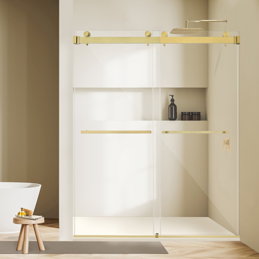 Frameless Exposed Roller Shower Door in Brushed Gold with Clear Glass. Picture 6