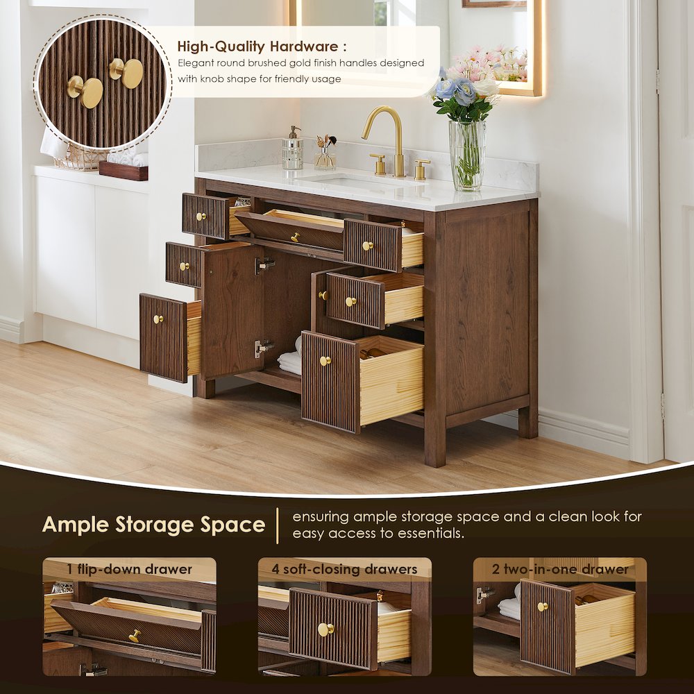 Single Bathroom Vanity in Brown Oak Grain White Engineered Stone Countertop. Picture 8