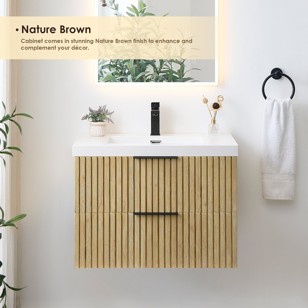Single Bathroom Vanity in Nature Brown White Artificial Drop-in Sink. Picture 4