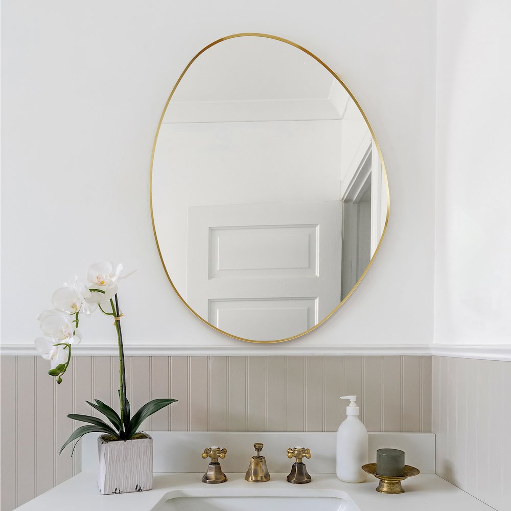 28"x36" Irregular Aluminum Framed in Brushed Gold Modern Bathroom Wall Mirror. Picture 4
