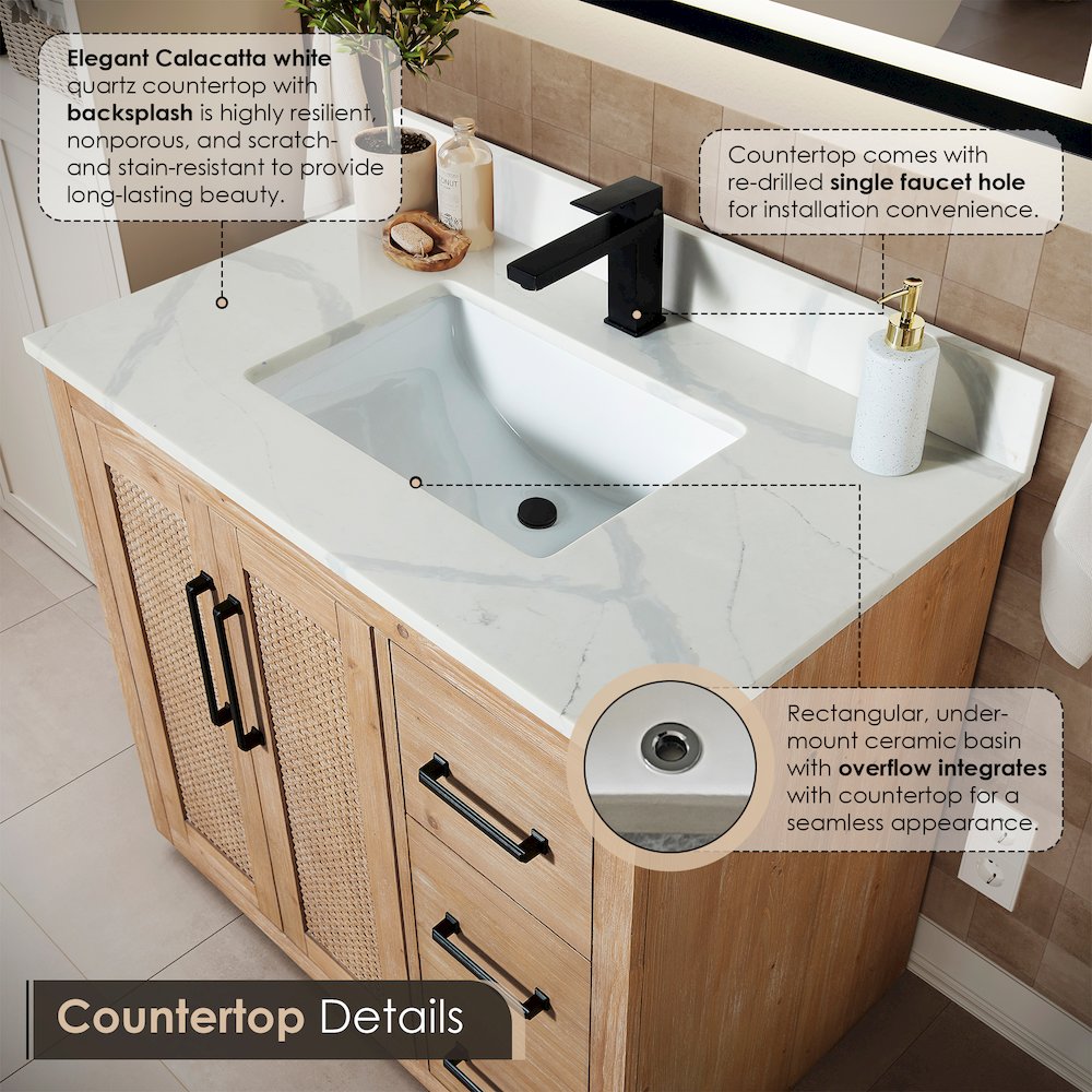 36" Single Bathroom Vanity with Calacatta White Quartz Countertop without Mirror. Picture 6