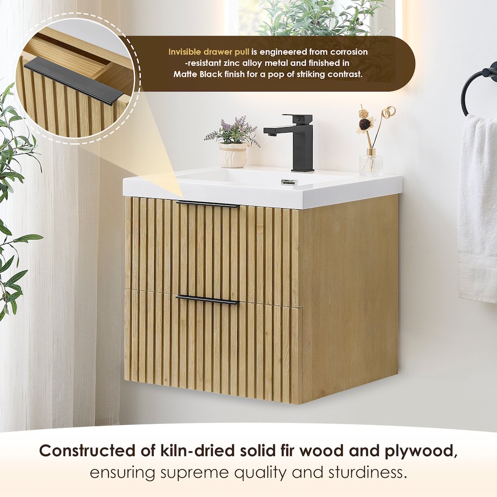Single Bathroom Vanity in Nature Brown White Artificial Drop-in Sink. Picture 6