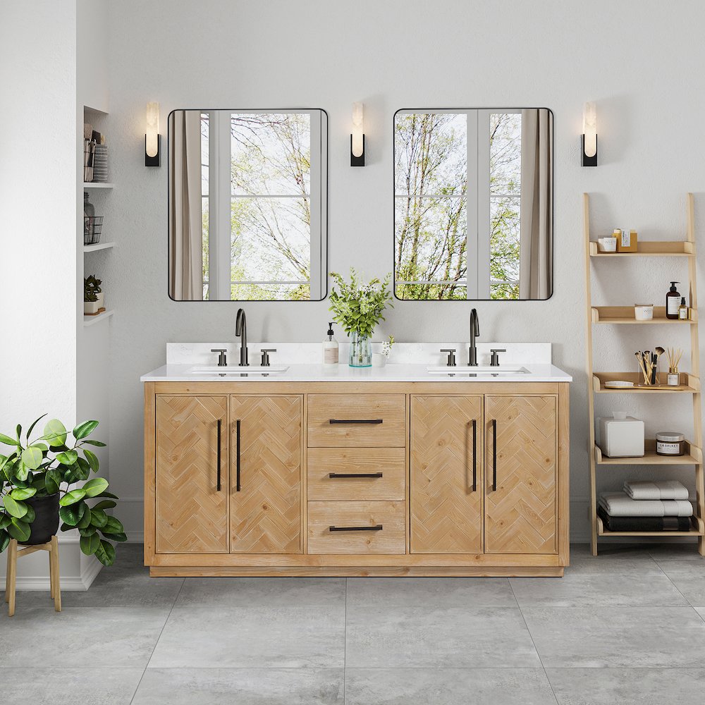 72" Double Bathroom Vanity Grain White Engineered Stone Countertop. Picture 2