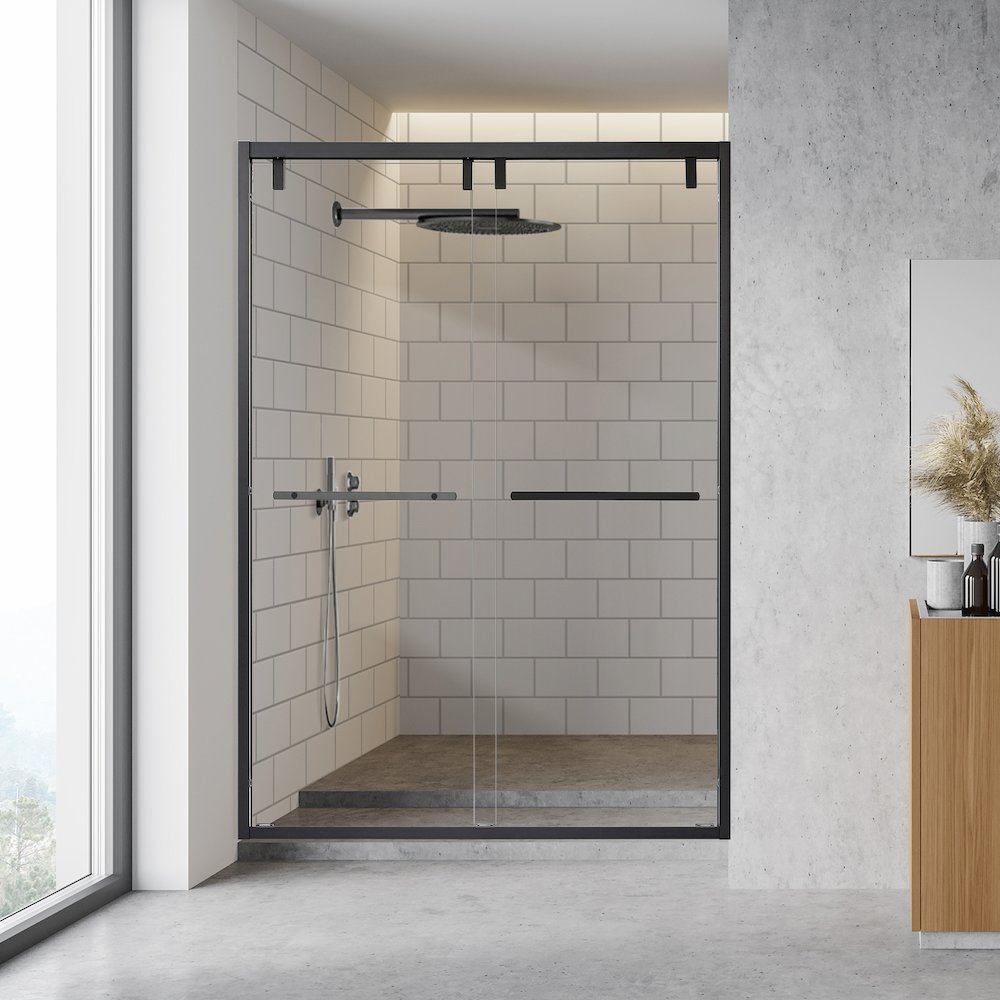 By Pass Semi Frameless Shower Door in Matte Black with Clear Glass. Picture 5