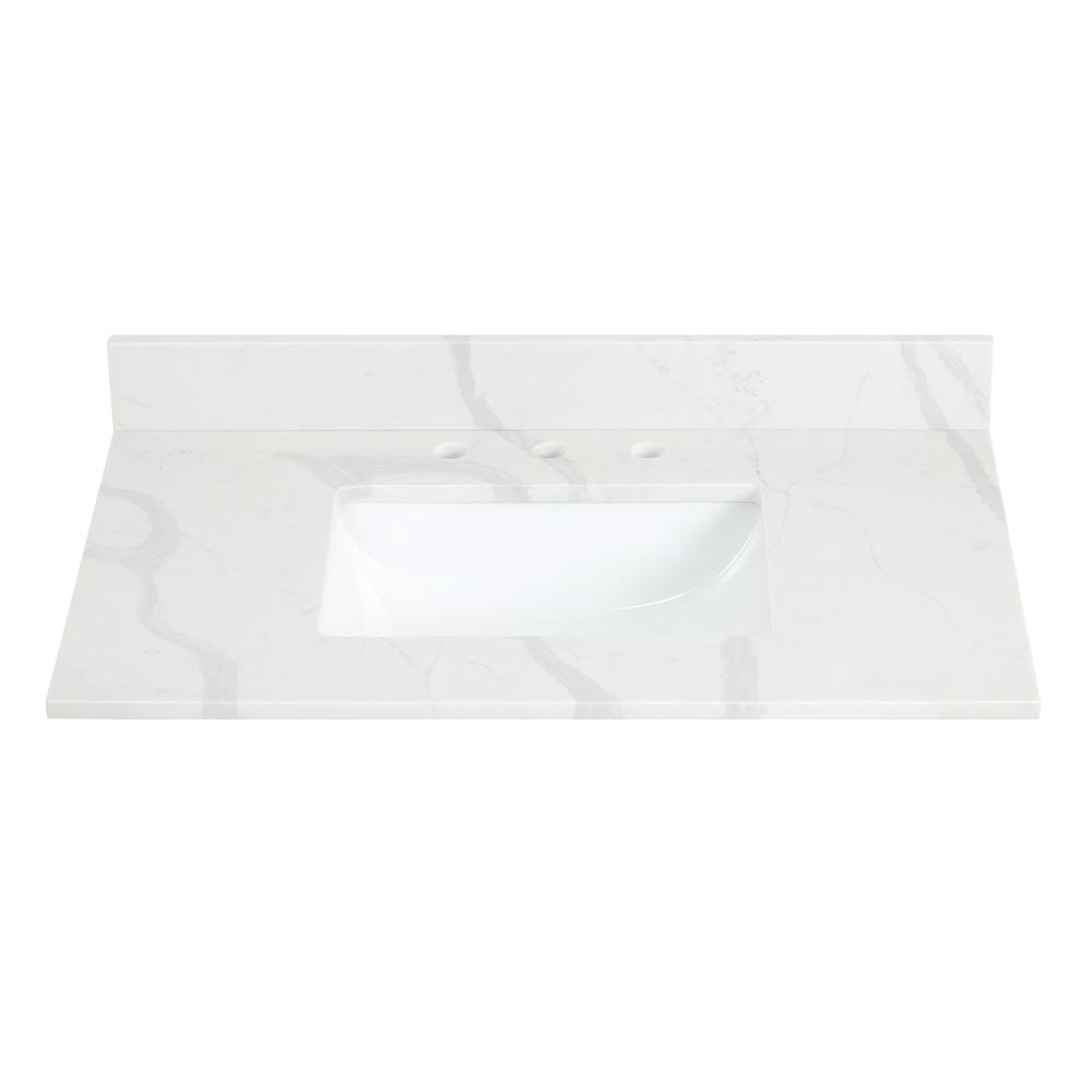 Arbios 36. in Quartz Stone Vanity Top in Calacatta White with White Sink. Picture 1